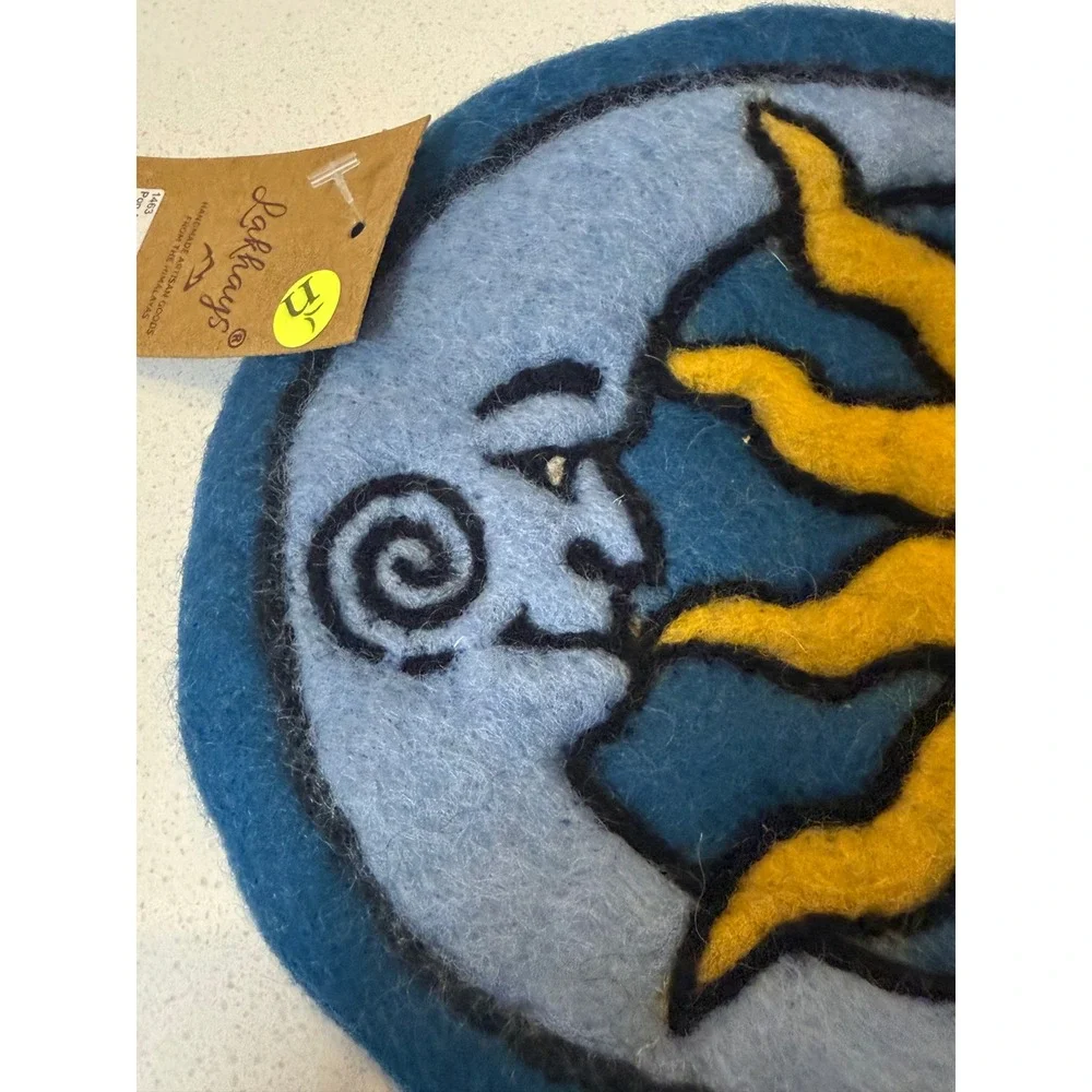 Lakhays Pop Art Felt Trivet Sun Moon Celestial Handmade‎ Wool Blue Yellow  New